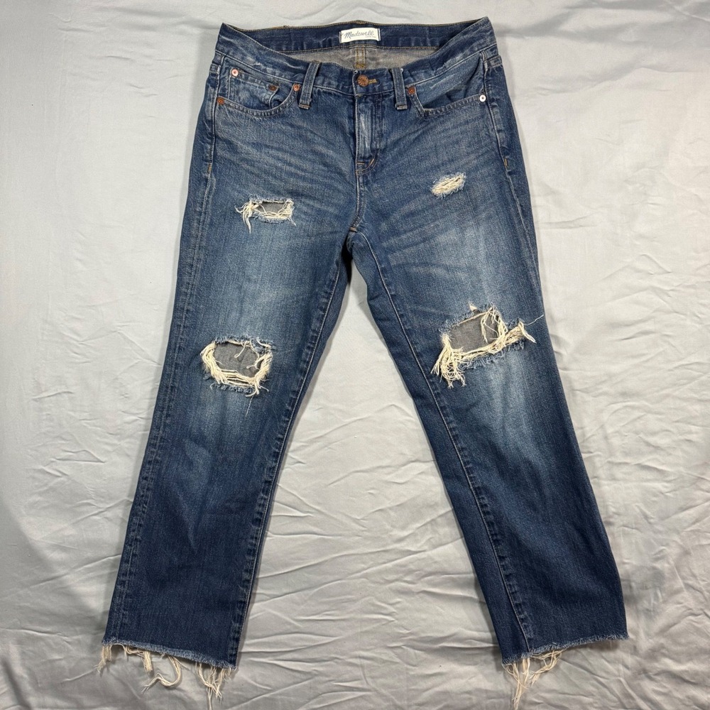 Madewell Boyjean Cropped Jeans Women's 26 Distressed Medium Wash Raw Hem - Picture 2 of 11